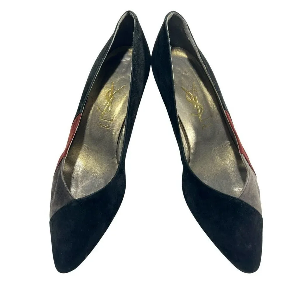 Yves Saint Laurent Black Gray & Red Suede Pumps Heels Sz6 Vintage